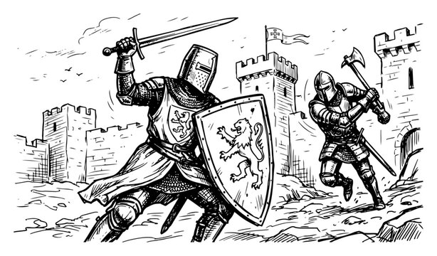 Knights in armor fighting with sword and axe in vintage woodcut style