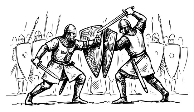 Medieval knights fighting with swords and shields on battlefield in hand drawn engraving style