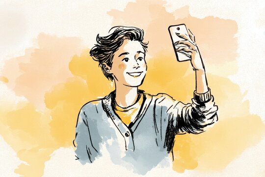 Casual sketch style selfie: person posing with a phone, warm color palette