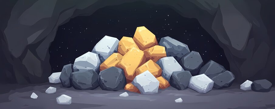 Cartoon cave interior with pile of gold and silver ore. Dark cavern background with minerals and gemstone hidden in rock. Banner with copy space