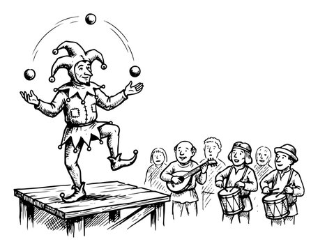 Court jester juggling balls on a stage for a medieval audience engraving style