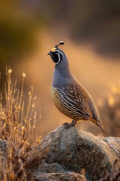 Wildlife scene featuring a California quail exploring native scrub and grasses at dawn