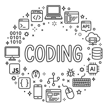 Coding and programming technology icons.