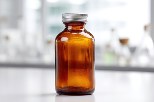 Crisp still life of colorless acetone in a brown glass bottle against a white studio background with text space