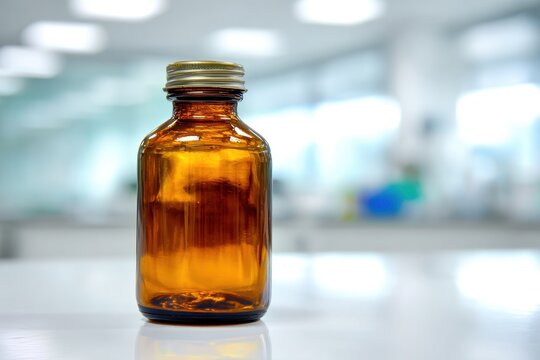 Selective focus image of an amber glass solvent bottle in a clean chemistry lab setting with white backdrop