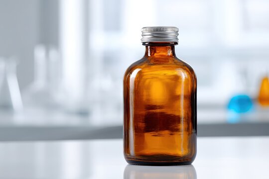 Studio photograph of a brown amber glass bottle containing acetone on a white background with copy space