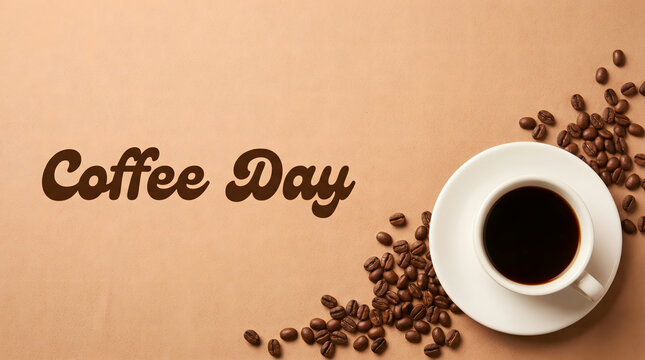 Coffee Day Celebration: Cup of Coffee and Beans on Brown Background