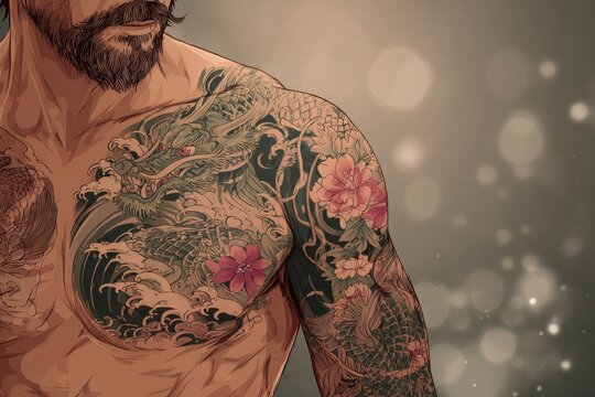 Male portrait featuring an ornate Japanese tattoo sleeve with waves, koi and dragon motifs