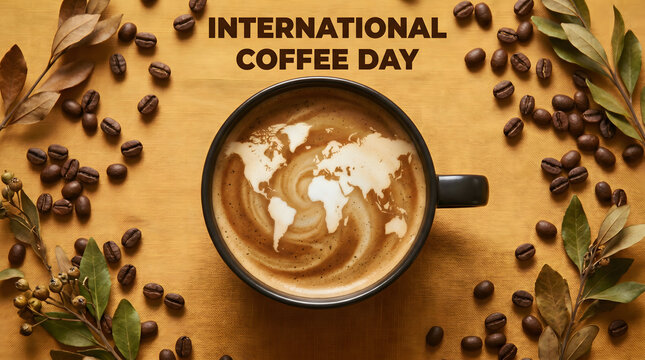 International Coffee Day: World Map Latte Art in Cup with Beans and Leaves