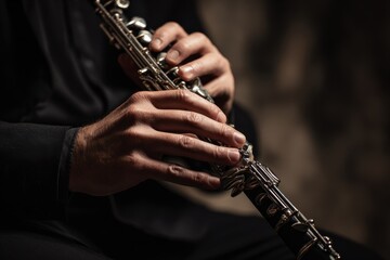 Fototapeta premium Close-up of hands on a clarinet in black clothing, intimate stage mood