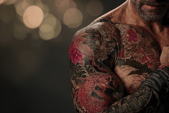 Close-up illustration of a tattooed man showcasing dragon and koi in a Japanese sleeve