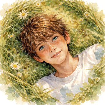 A cheerful young boy with bright eyes and freckled cheeks lies in soft green grass surrounded by delicate white daisies. Warm sunlight highlights his gentle smile, creating a peaceful, nature-filled scene that radiates innocence, happiness, and the quiet beauty of a carefree summer day. AI generated