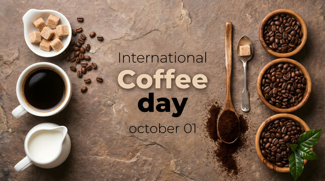 International Coffee Day October 1: Coffee Beans, Cup, Sugar Cubes, and Milk