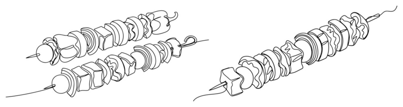 Grilled shish kebab skewers with meat and vegetables continuous line art style