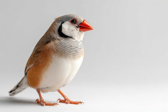 Perched zebra finch in a minimalist white background composition