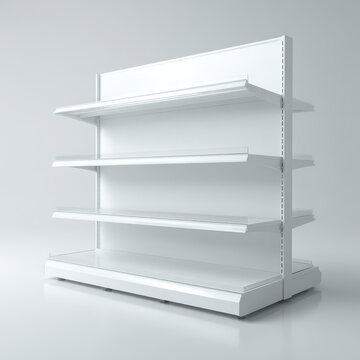 Studio-lit white pallet display stand, clean lines, empty shelf for product layout