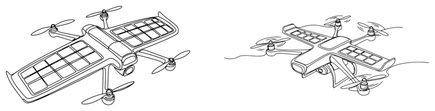 Modern surveillance drones and professional uav multicopters in continuous line drawing style