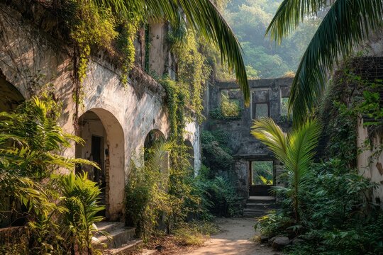 Abandoned ashram retreat: crumbling residential buildings overtaken by jungle greenery