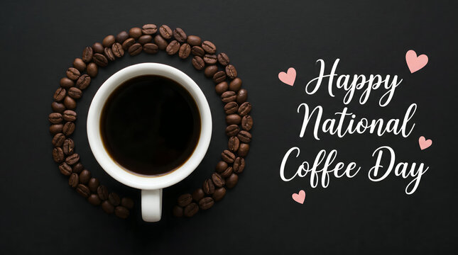 Happy National Coffee Day - Coffee Cup Surrounded by Beans, Hearts, and Text