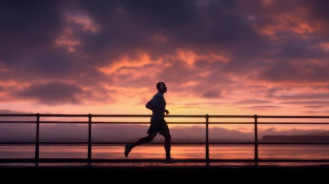 Silhouetted runner on a bridge against a vibrant sunset over water.
