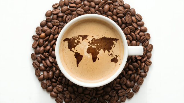 World Map Coffee Art in Cup Surrounded by Beans