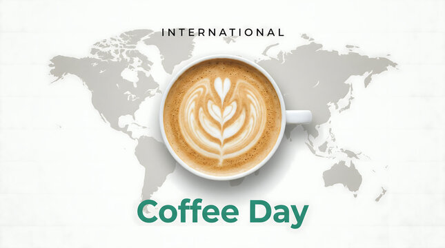 International Coffee Day celebration with latte art coffee cup over world map background
