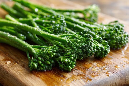 Close-up photograph of fresh broccolini stems on a wooden cutting board, vibrant green detail