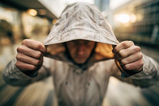 Man in Hooded Jacket Adjusting His Cloak