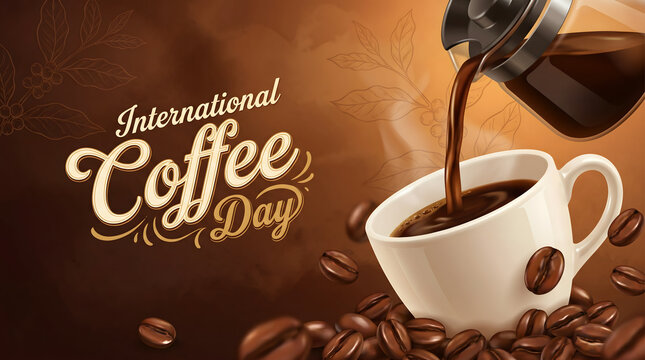 International Coffee Day celebration with pouring hot coffee into a cup and beans
