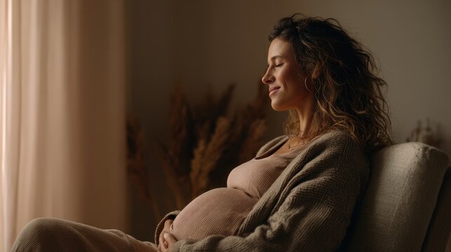 Pregnant person seated for coccyx pain relief with back support in a cozy home setting