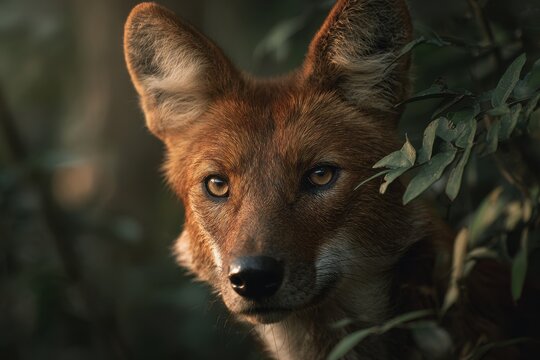 Lifelike dhole close portrait with subtle bokeh and alert gaze in woodland