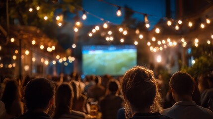 Naklejka premium Festive outdoor crowd gathering at a summer night event, illuminated by hanging string lights