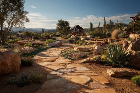 Winding flagstone pathway through a sunlit desert garden with drought-tolerant plants