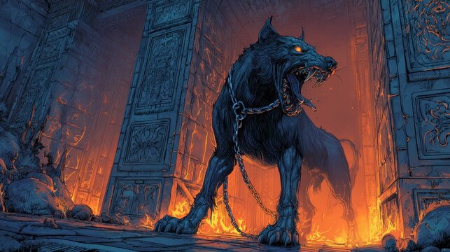 Dark fantasy illustration of a triple-headed watchdog guarding an ancient stone gate