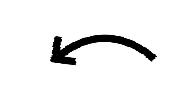 Hand drawn red brush arrow curving upward to the right on a clean white background animation. Arrow animation on a transparent background, Hand-drawn thin arrow graphic animation. Alpha channel.