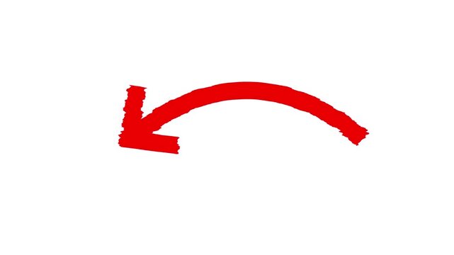 Hand drawn red brush arrow curving upward to the right on a clean white background animation. Arrow animation on a transparent background, Hand-drawn thin arrow graphic animation. Alpha channel.