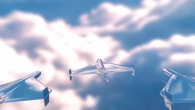 Three chrome metallic suicide drones fly in close V formation through clear blue skies in a highly polished photorealistic 3D render concept mockup