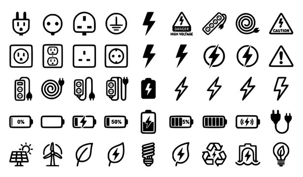 Power and electricity symbols vector set with electric plug socket and lightning icons