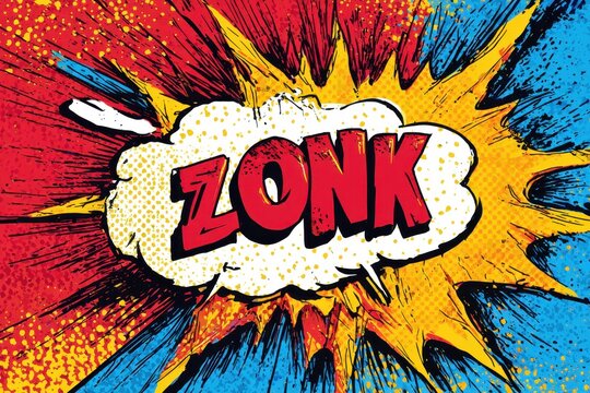 Retro comic panel featuring a Zonk speech bubble with halftone texture and bright primary colors