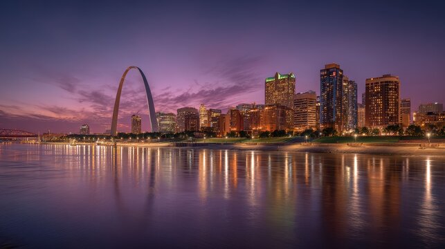 St. Louis skyline at dusk with Gateway Arch rising over the Mississippi River