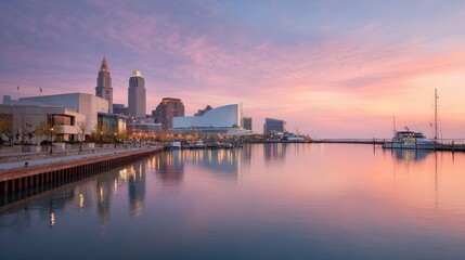 Fototapeta premium Dusk along the shore: urban skyline and reflective water panorama