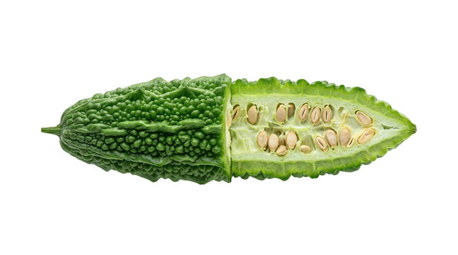 Organic Bitter Gourd or Momordica Charantia Sliced in Half with Seeds Isolated on White Background for Healthy Cooking