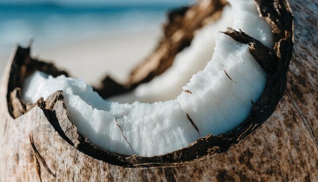Close up view of a cracked coconut shell revealing fresh white meat inside with natural texture against a blurred background