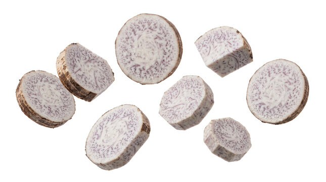 Fresh Raw Taro Root Slices and Chunks Falling in the Air Isolated on White Background for Culinary Design Use
