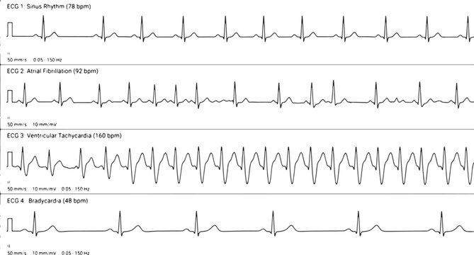 Four different ecg heart rhythm waveforms labeled on white background sinus