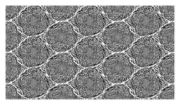 Kaleidoscopic zebra stripe rosettes abstract seamless pattern in black and white style