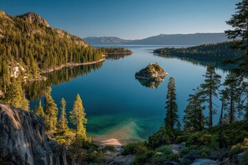 Naklejka premium Emerald Bay, Lake Tahoe: Turquoise Waters, Pine Forest, and Rocky Cliffs at Distant Peaks