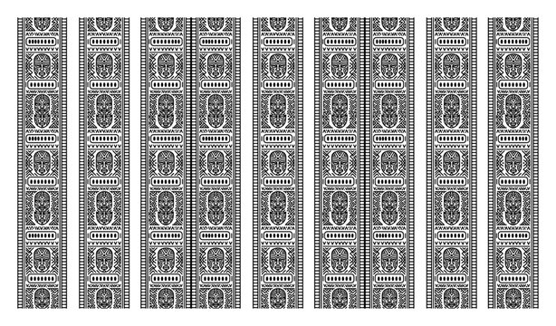 Tribal mask patterns with ethnic geometric borders in detailed ornamental style