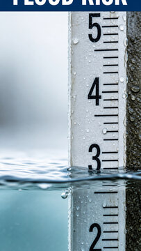 Close-up of a wet flood risk measuring gauge showing rising water levels, rain droplets, and reflection for weather and disaster concepts.