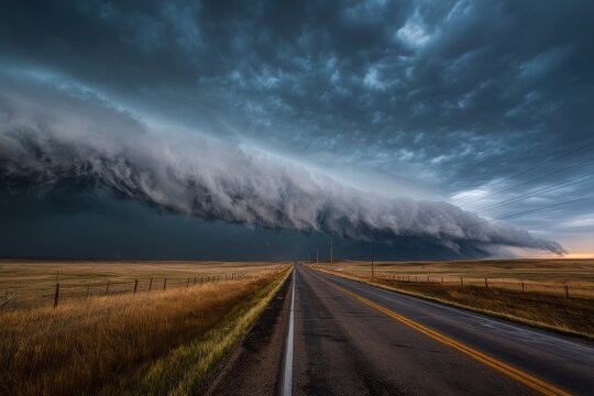 Imminent weather on the plain: shelf cloud sweeping toward a remote road under dark skies